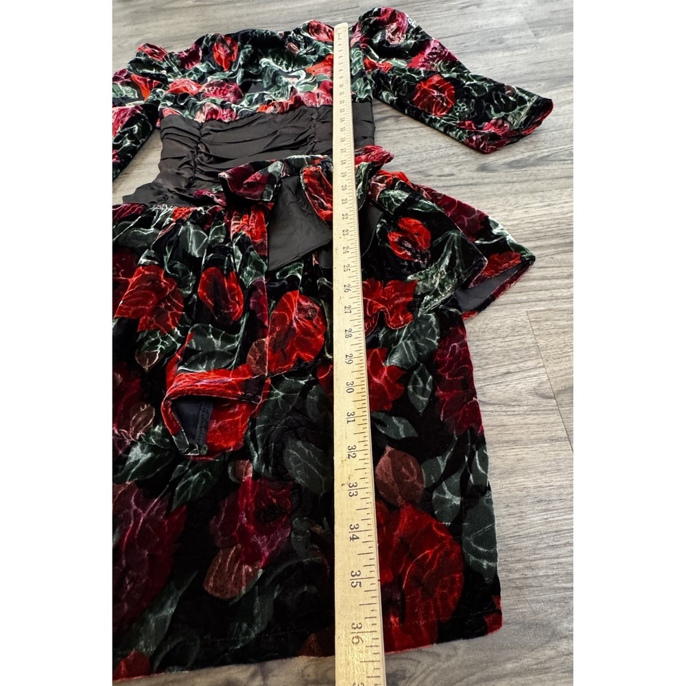Vintage 1980s Party Dress M Black Red Velvet Floral Glam USA Puff Sleeve Bow - Picture 7 of 16